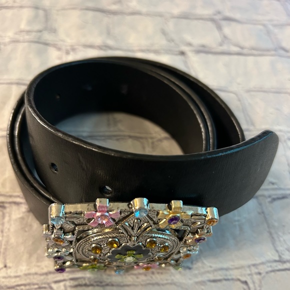 EMBELLISHED RHINESTONE COLORFUL BUCKLE OB BLACK LEATHER BELT WOMENS SIZE LARGE - Picture 10 of 10